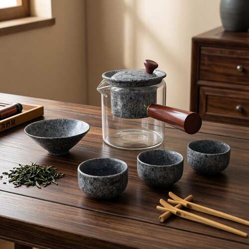 侧把玻璃花梨木加厚功夫茶具