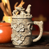 麦饭石杯子家用男士 水杯浮雕马克杯带把手大容量加厚带盖杯子礼品