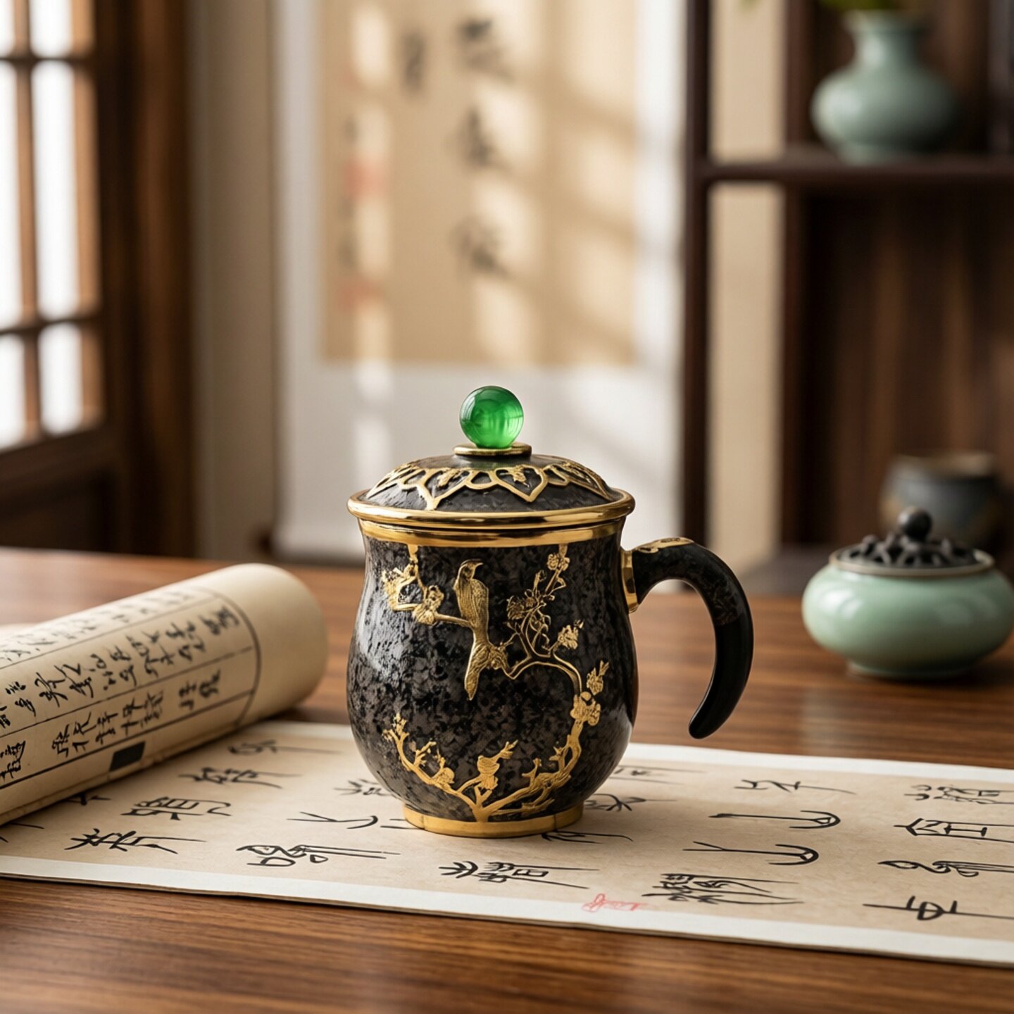 麦饭石杯子茶杯高级感马克杯新中式家用带盖锡镶茶具高颜值带杯盖