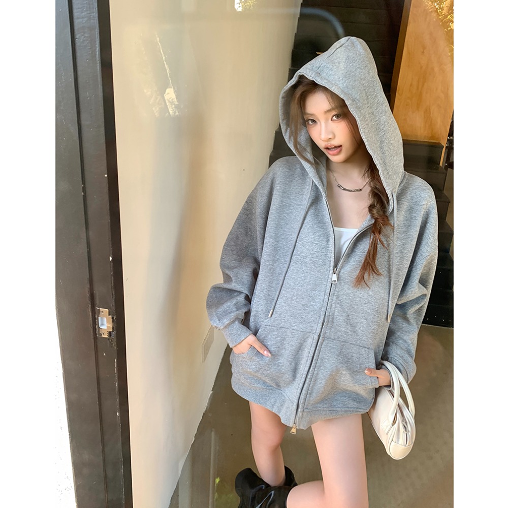 秋冬季实拍设计感宽松拉链单色气质口袋长袖连帽休闲百搭卫衣女装