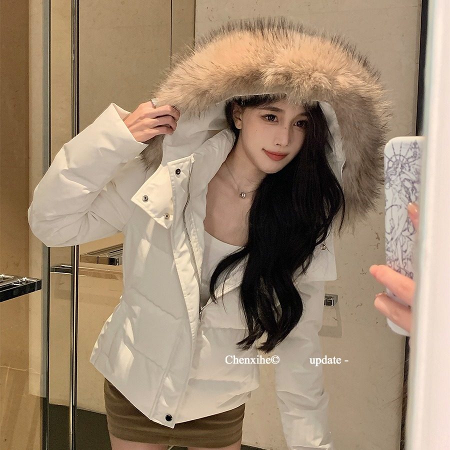 冬季韩版实拍大毛领简约风加厚长袖拉链保暖羽绒棉衣棉服外套女装