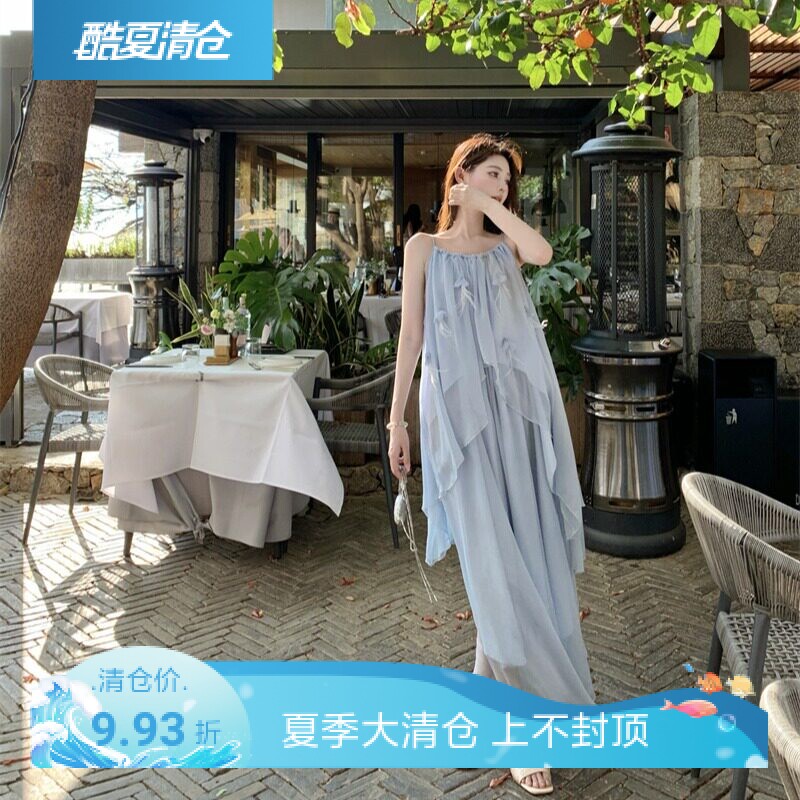 夏季实拍纯色无袖宽松休闲沙滩度假搭配背带上衣半身裙两件套女装
