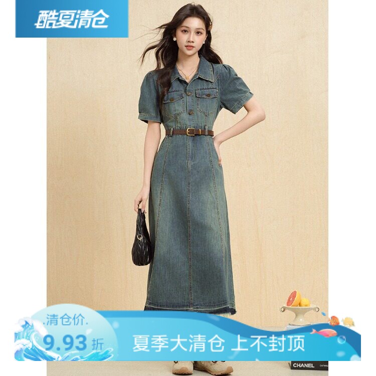 夏实拍气质翻领小个子修身复古港风中腰A字牛仔短袖连衣裙女热卖