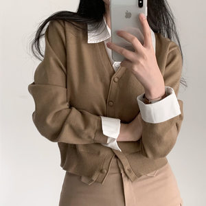 秋冬季时尚风韩系长袖拼接纽扣开襟优质假两件针织衬衫外套女装