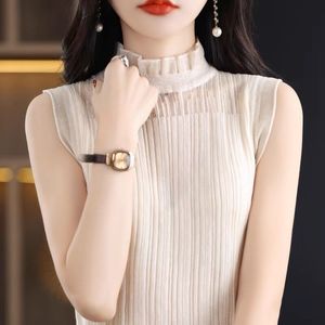 春夏季内搭木耳边蕾丝端庄无袖镂空羊毛外穿打底衫背心上衣女装
