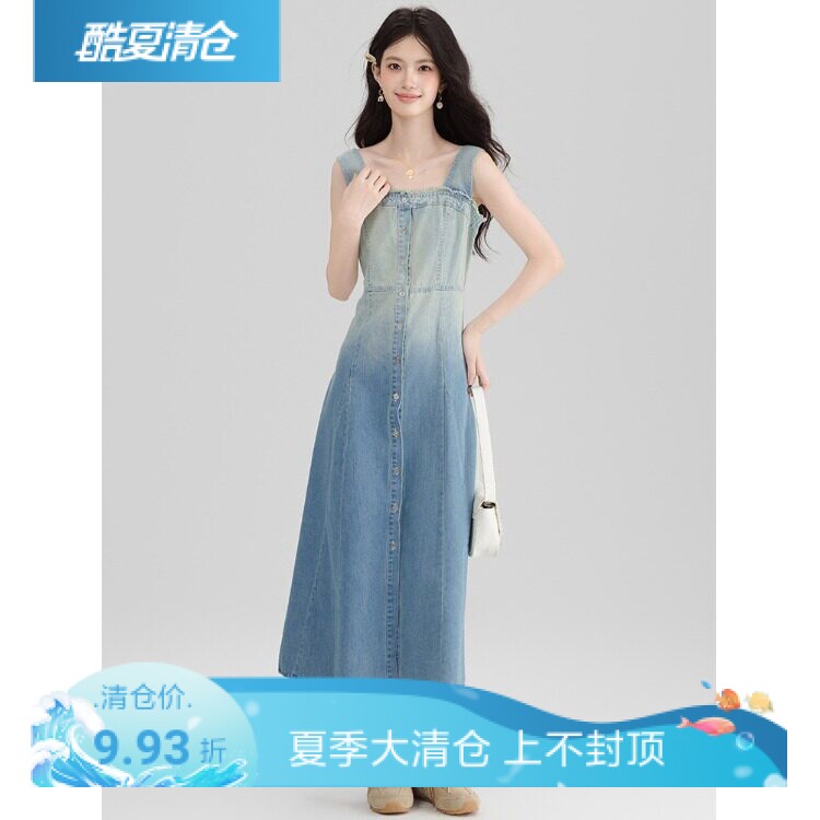 夏季实拍渐变色高腰毛边大摆A字长款复古牛仔背心系带连衣裙女装