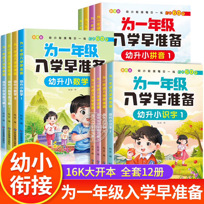 全套12册 为一年级入学早准备 幼升小识字拼音练习本数学思维训练 幼儿园大班升一年级练习册幼小衔接教材每日一练天天练老师推荐