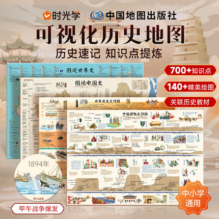 时光学【加大加厚】中国历史世界历史长河图地图全套图说中国史世界史知识点考点速记细说中小学生家用地理历史启蒙中国地图出版社