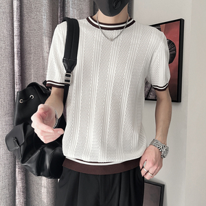 DT66-P58控78 夏季男士短袖套头针织衫休闲百搭设计感条纹T恤 白图片