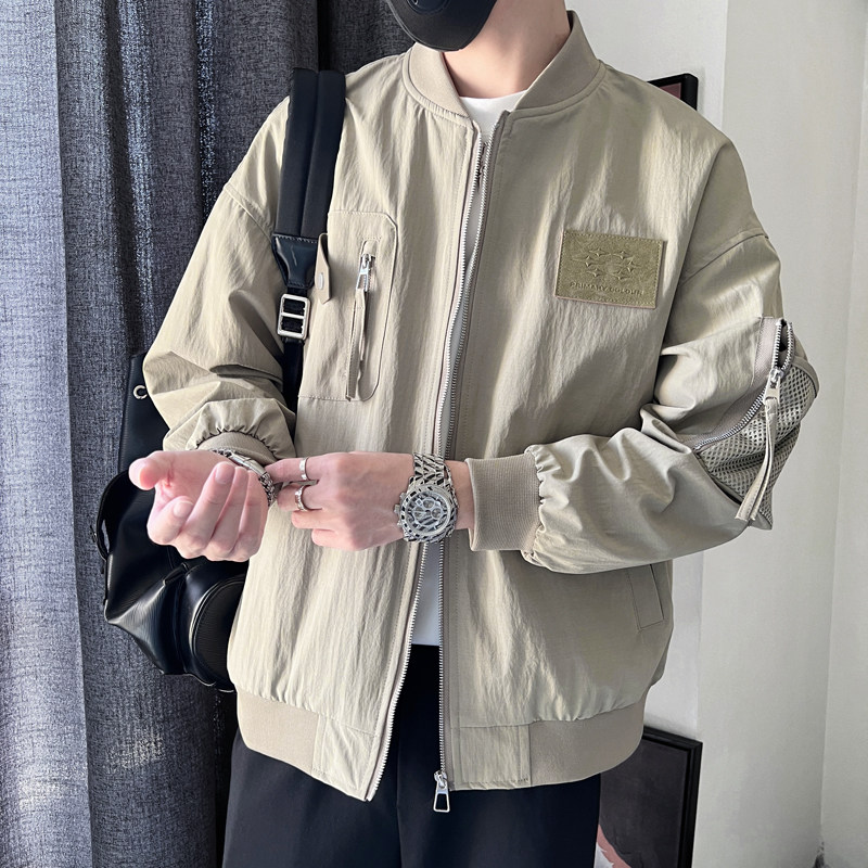 WT23-P108控148美式棒球服休闲纯色设计感世行色块夹克外套灰绿，男装夹克，电商A208