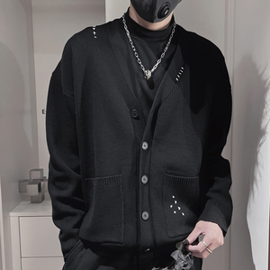 E253-特P118控158 百搭纯色针织羊毛衫开衫男士设计高级感毛衣 黑图片