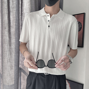 DT61-P68控98夏短袖套头提花翻领POLO衫T恤休闲百搭潮针织衫男白