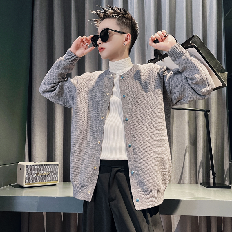 E238A-P88控118百搭纯色针织羊毛衫设计纽扣款男士高级感毛衣灰，男装针织衫/毛衣，电商A208