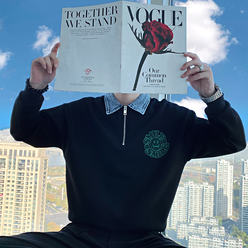 W228-P78控108长袖上衣套头拉链牛仔领印花图案休闲卫衣男黑，商品下架区商品下架区，电商A208