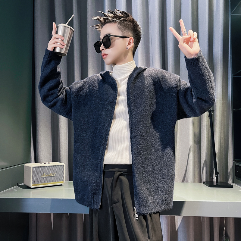 E256A-P88控118设计连帽针织羊毛衫拉链百搭开衫简约纯色毛衣男蓝，男装针织衫/毛衣，电商A208