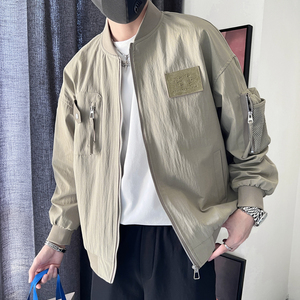 WT23-P108控148 美式棒球服休闲纯色设计感世行色块夹克外套 灰绿图片
