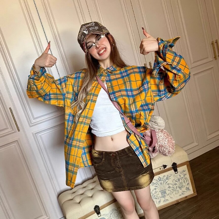 美式复古黄色格子长袖衬衫女春秋季薄款外穿休闲宽松防晒外套上衣