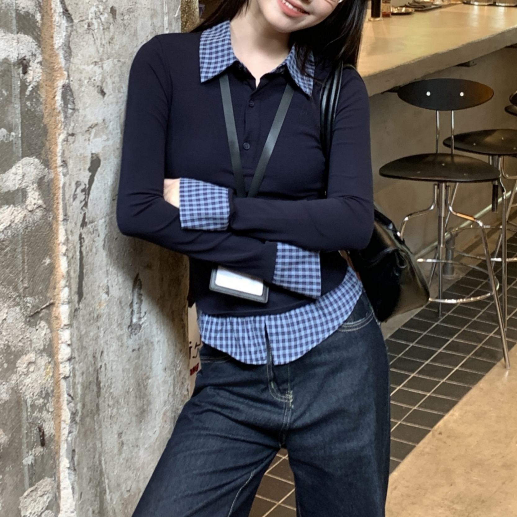 美式复古格子衬衫假两件翻领上衣