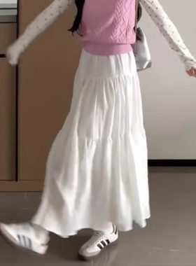 法式休闲白色蛋糕裙半身裙女春夏季高腰温柔长裙宽松垂感a字伞裙