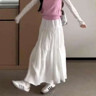 休闲白色蛋糕裙半身裙女春夏季 法式 高腰温柔长裙宽松垂感a字伞裙