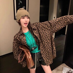 美式复古豹纹翻领休闲衬衫上衣女春秋冬季外穿宽松气质中长款外套
