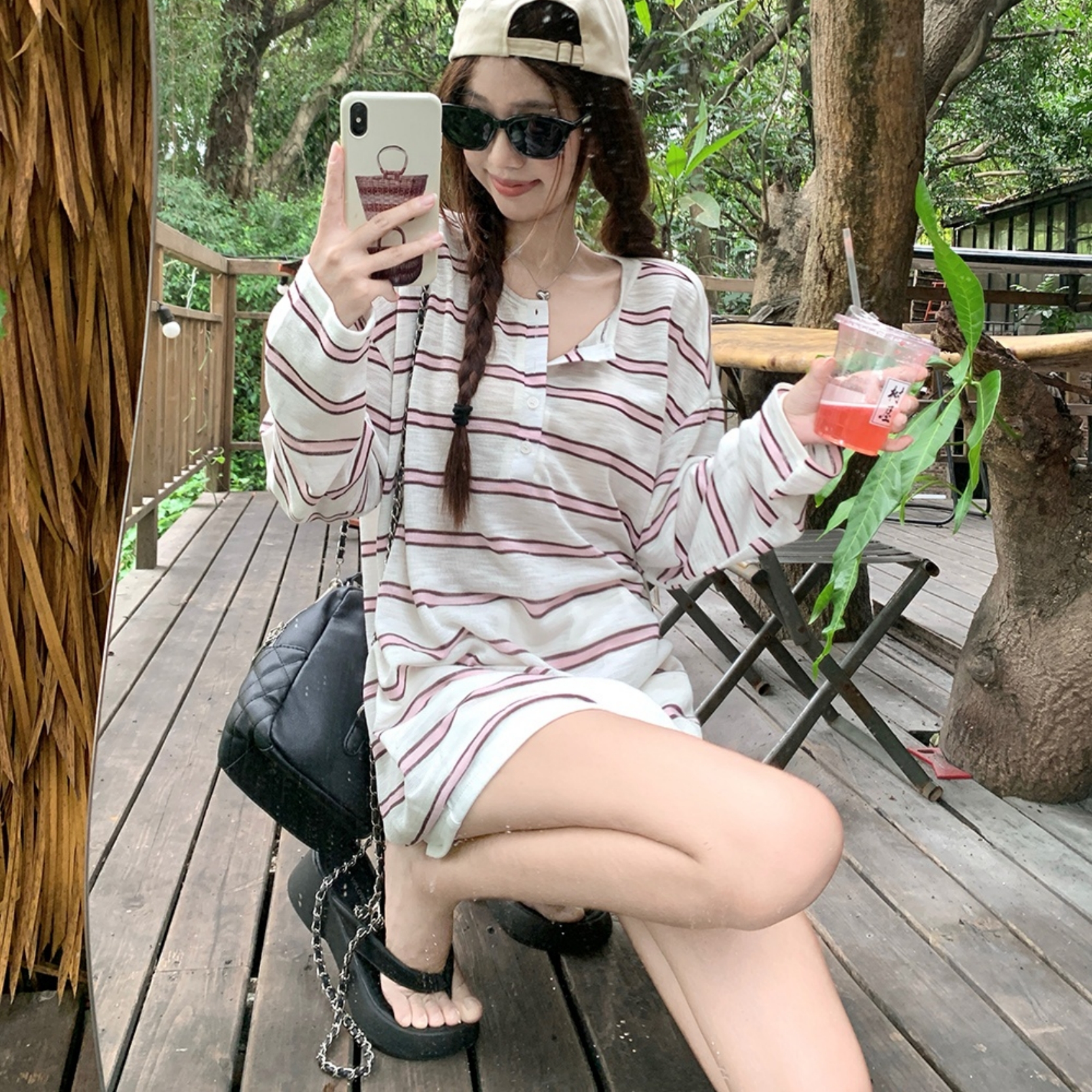 慵懒风撞色条纹韩系防晒长袖外套