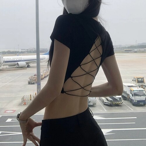 后背镂空绑带露背性感打底小衫