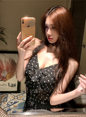 复古波点网纱露背挂脖吊带小背心女春夏季甜辣妹短款修身外穿上衣