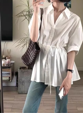 法式中长款休闲气质半袖白衬衫女夏季系带收腰设计感开衫防晒上衣