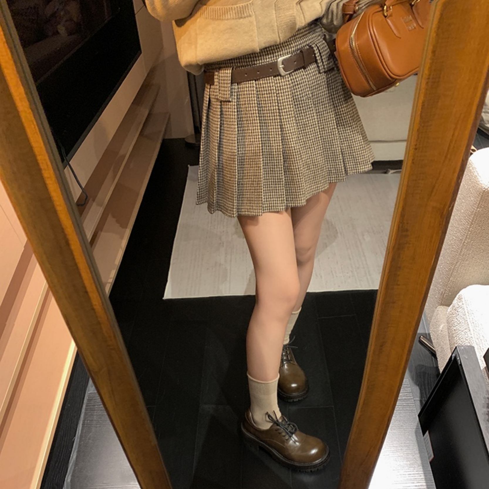 美拉德复古千鸟格子百褶半身短裙