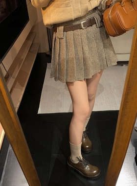 美拉德复古辣妹千鸟格子百褶半身裙女春秋季内搭打底a字高腰短裙