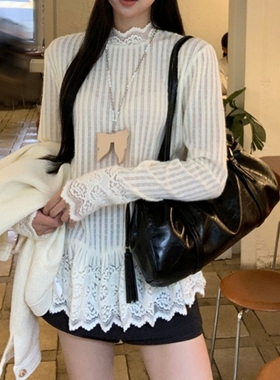 法式宽松设计感镂空蕾丝花边长袖打底衫女春秋季休闲内搭叠穿上衣