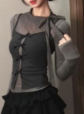 法式长袖半高领蝴蝶结蕾丝微透打底衫女春秋季内搭叠穿两件套上衣