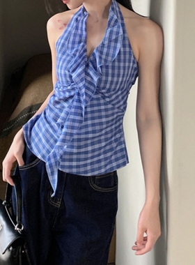 法式纯欲辣妹蝴蝶结露肩挂脖收腰格子衬衫女春秋夏季修身无袖上衣
