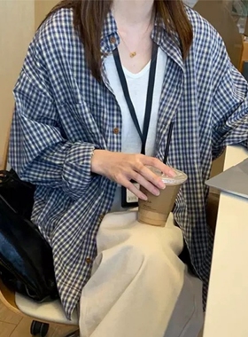 韩系复古休闲蓝色格子长袖衬衫女春秋夏季薄款外套慵懒风宽松上衣