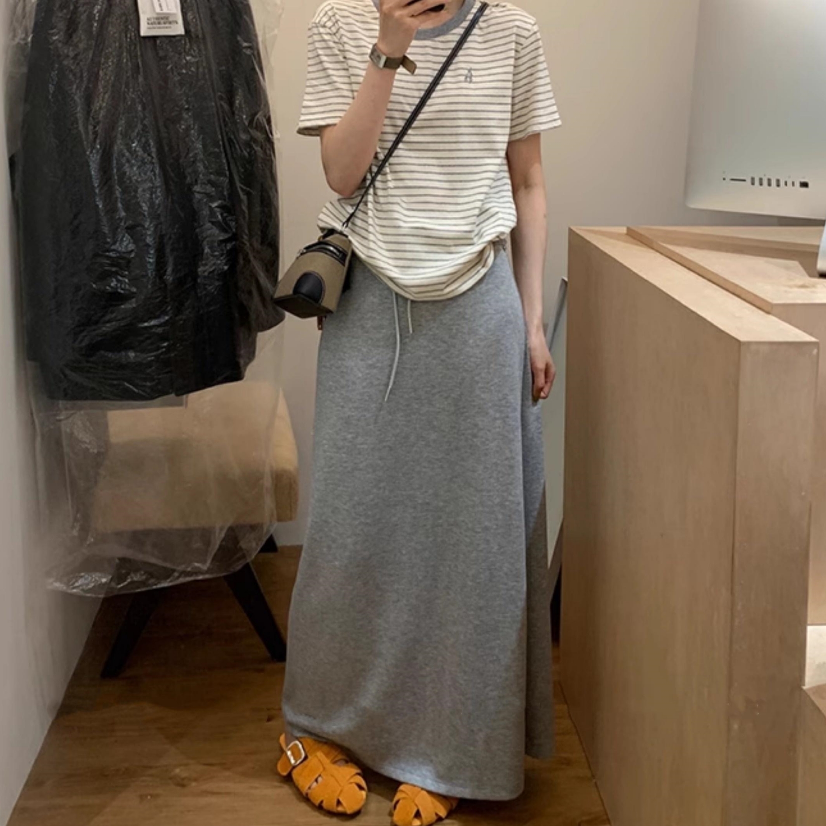 灰色绑带休闲半身裙高腰开叉卫裙