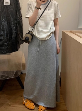 灰色绑带休闲半身裙女春秋季高腰直筒宽松开叉卫裙a字垂感长裙子