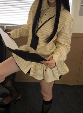 美式复古休闲韩系黄条纹中长款衬衫女春秋季外穿收腰长袖翻领上衣