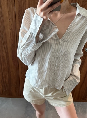 法式复古条纹V领衬衫女春秋装休闲外穿宽松慵懒长袖拉链开衫上衣