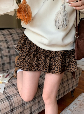 美拉德复古豹纹荷叶边蓬蓬A字半身裙女春秋季打底内搭蛋糕短裙子
