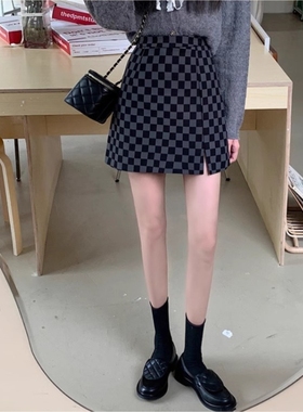 复古灰色棋盘格子半身裙女春秋外穿内搭打底高腰开叉a字包臀短裙