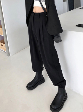 春秋季韩版宽松直筒萝卜哈伦裤子束脚工装裤女显瘦高腰休闲西装裤