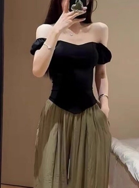 法式纯欲辣妹收腰抹胸短袖露肩打底衫女春秋夏季外穿内搭短款上衣