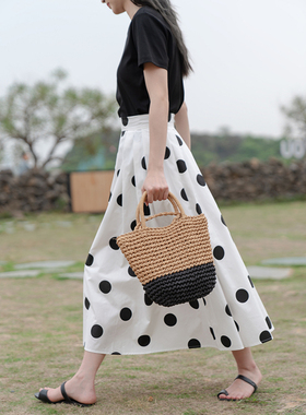韩版白色波点半身裙女复古高腰宽松显瘦中长款A字裙子春夏季伞裙