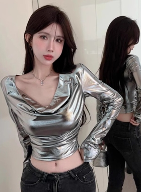 辣妹亮面长袖t恤女早春秋季外穿打底衫内搭修身露脐性感短款上衣
