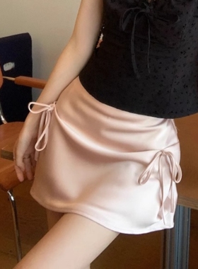 法式复古蝴蝶结绑带粉色半身裙女春秋内搭夏季高腰A字裙包臀短裙