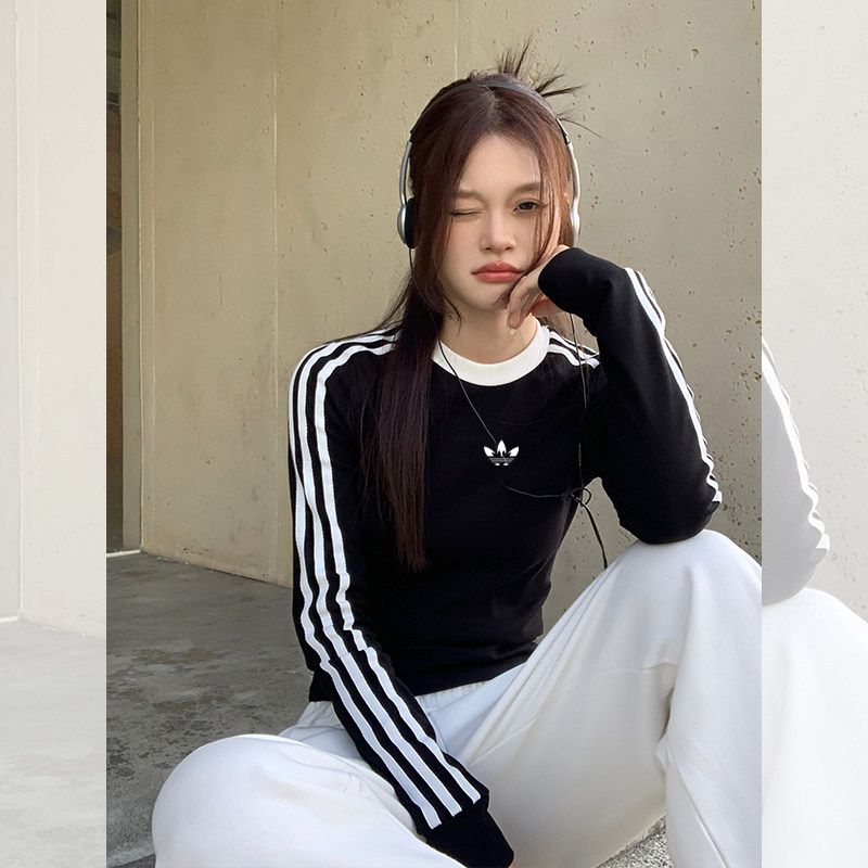 新款圆领长袖女士修身显瘦辣妹条大码内搭