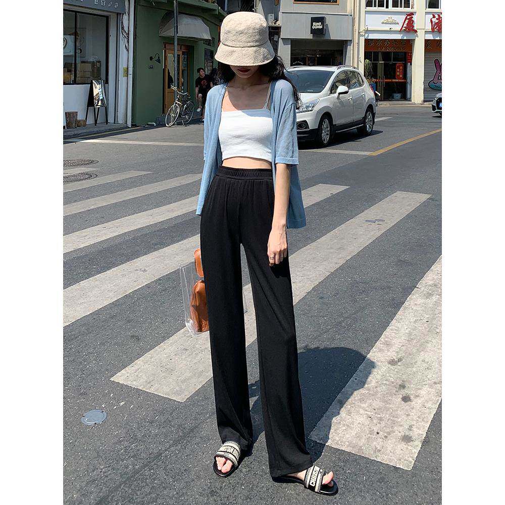 黑色冰丝阔腿裤子女秋2025夏季薄款新款垂感拖地显瘦高腰宽松直筒