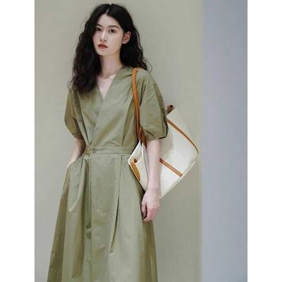 FAshi 御姐风法式V领连衣裙女绿色收腰气质裙子显廋衬衫裙夏新款