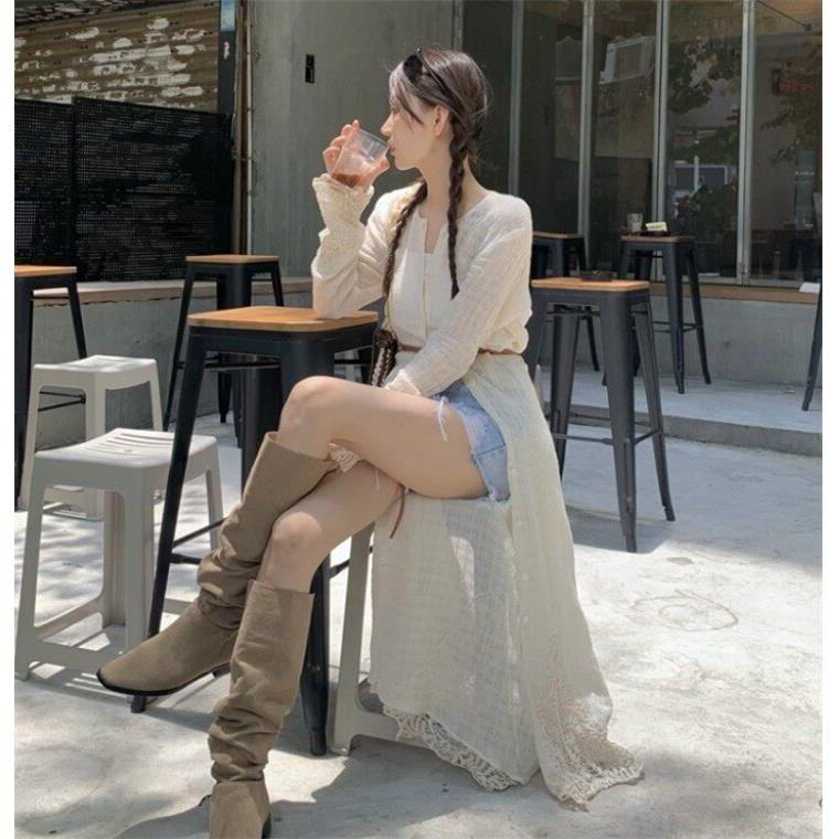 2024新款甜美设计感杏色中长款连衣裙长裙女薄款外搭防晒开衫罩衫
